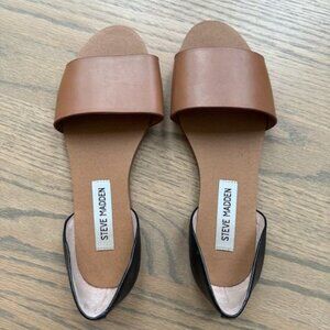 Steve Madden Sidestep Leather Sandals in Black/Cognac Slide D'Orsay Flat Sandals